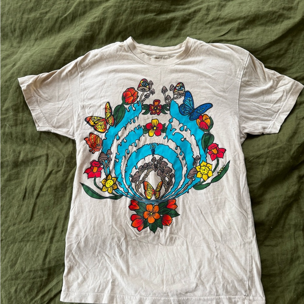Graphic T-Shirt with Colorful Floral, Mushroom and Butterfly Design